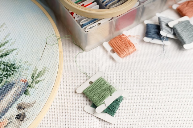 Embroidery kit with threads and pattern