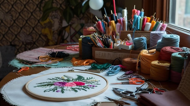 Workshop table with embroidery projects